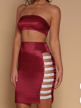 Meshki Burgundy Satin skirt with Silver Diamond Strap Detail